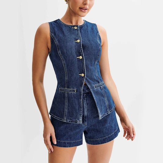 Women's Fashion Denim Suit Set Sleeveless Button Up Top and High Waist Shorts Casual Summer